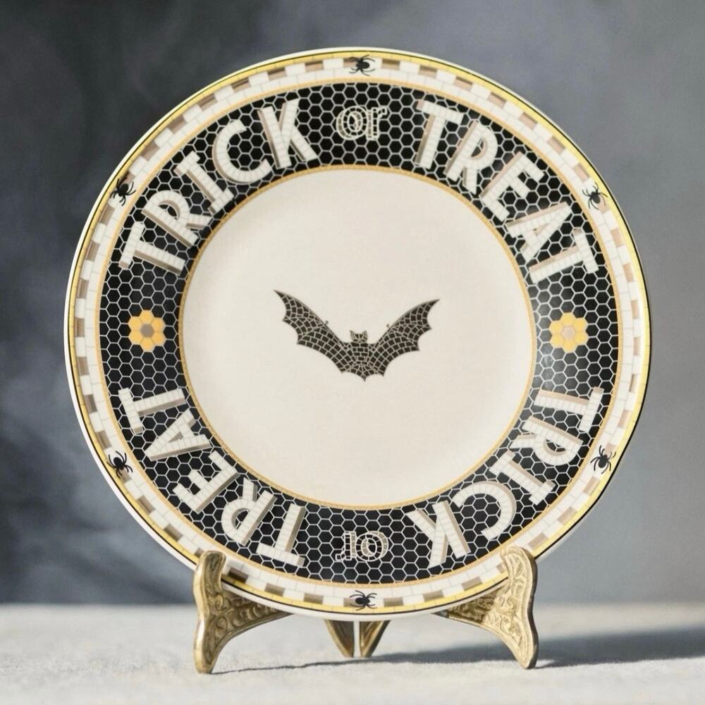 Anthropologie Bistro Tile Halloween Edition Trick Or Treat Bat Dessert Plate NEW